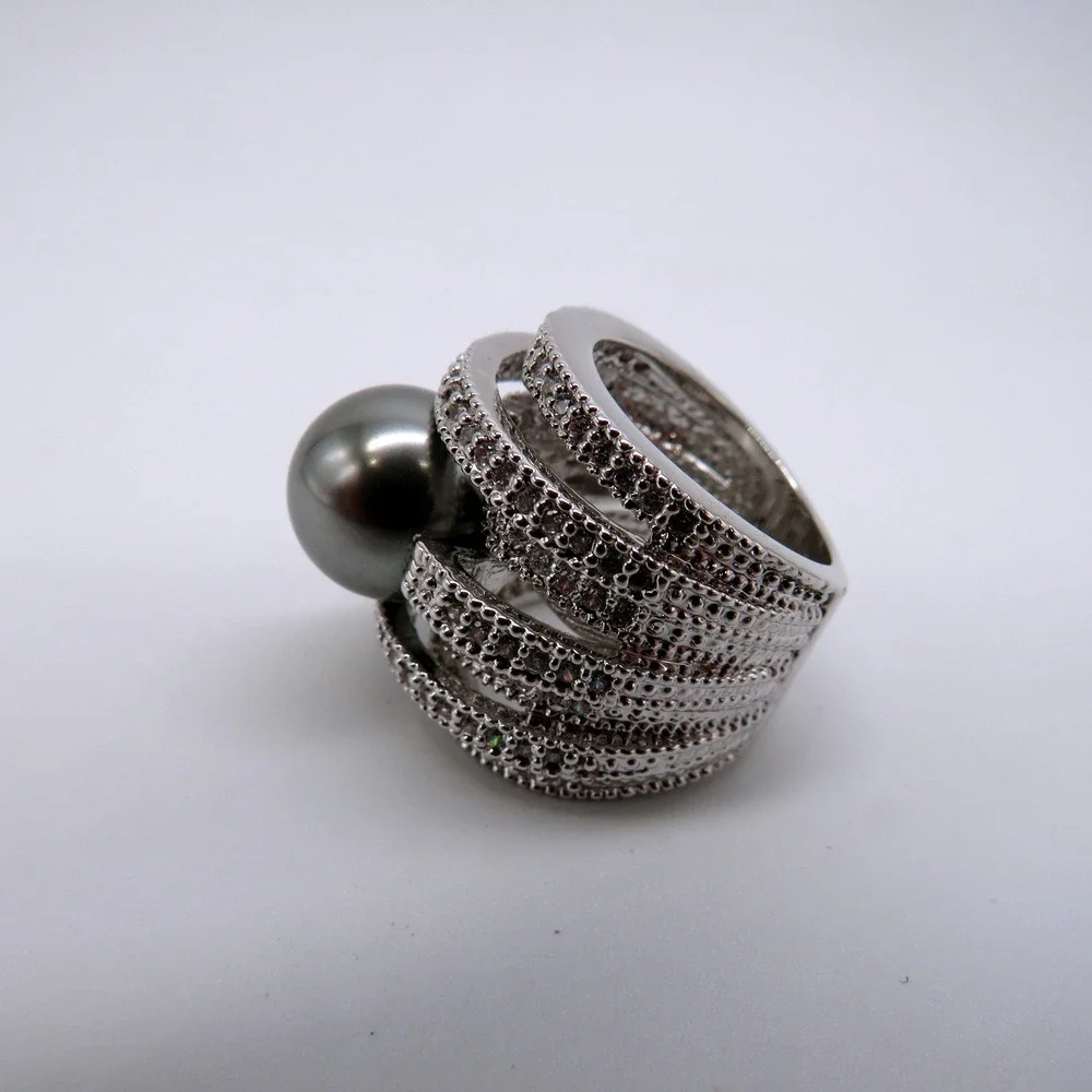 Wide Multi Row Pave Rhinestone Faux Grey Pearl Statement Ring Size 5 Silver Tone